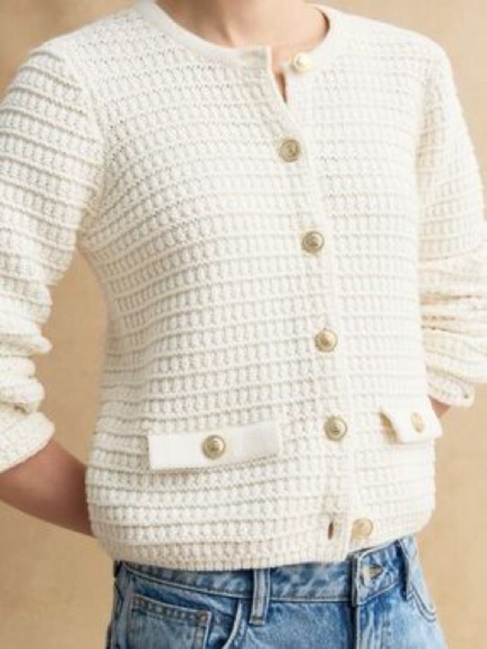 Zara Textured Cream Button Down Cardigan Large